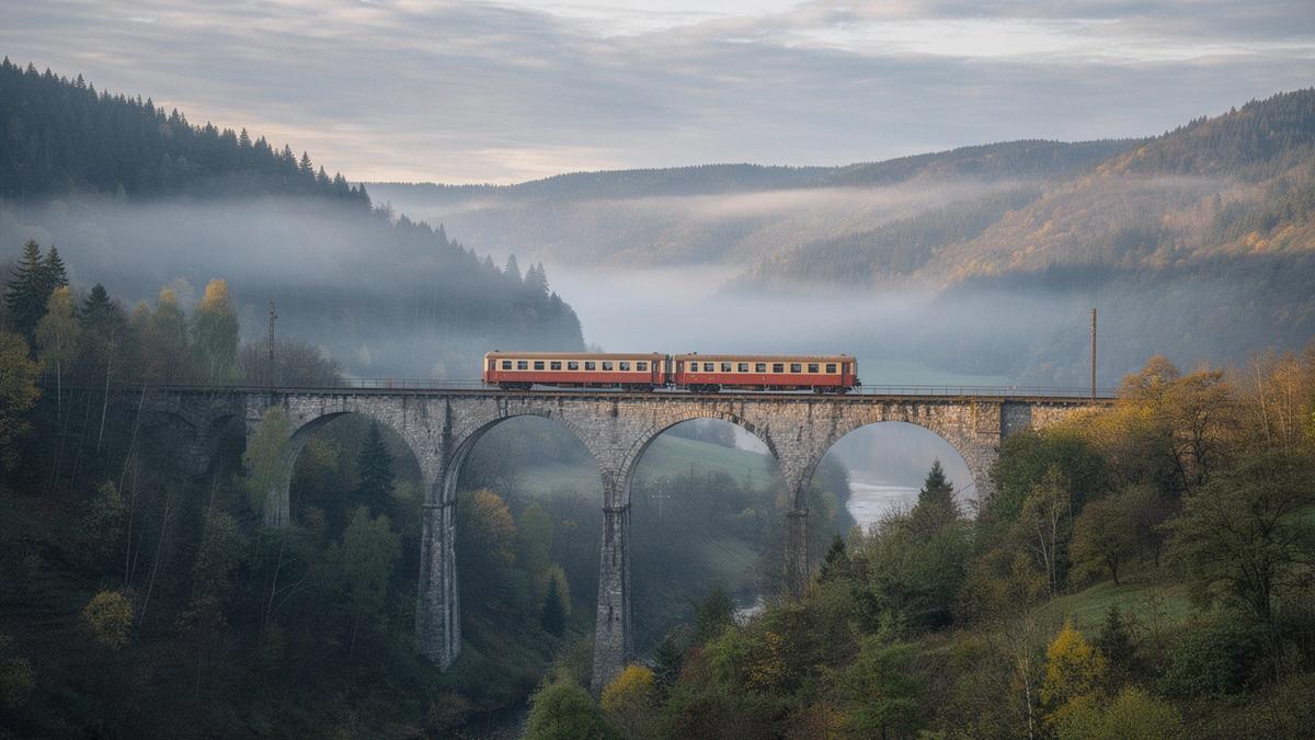 Regional train crossing a stone viaduct in the Carpathian foothills at morning light