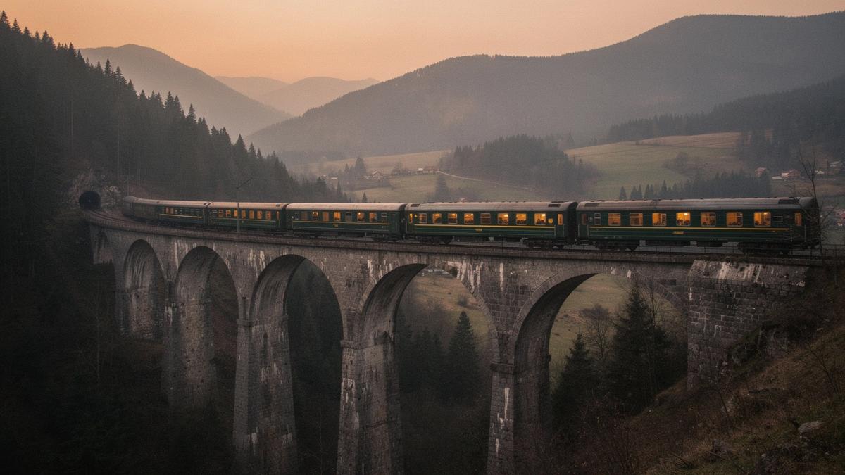 Sleeper train crossing a stone viaduct in the Carpathian mountains at dusk