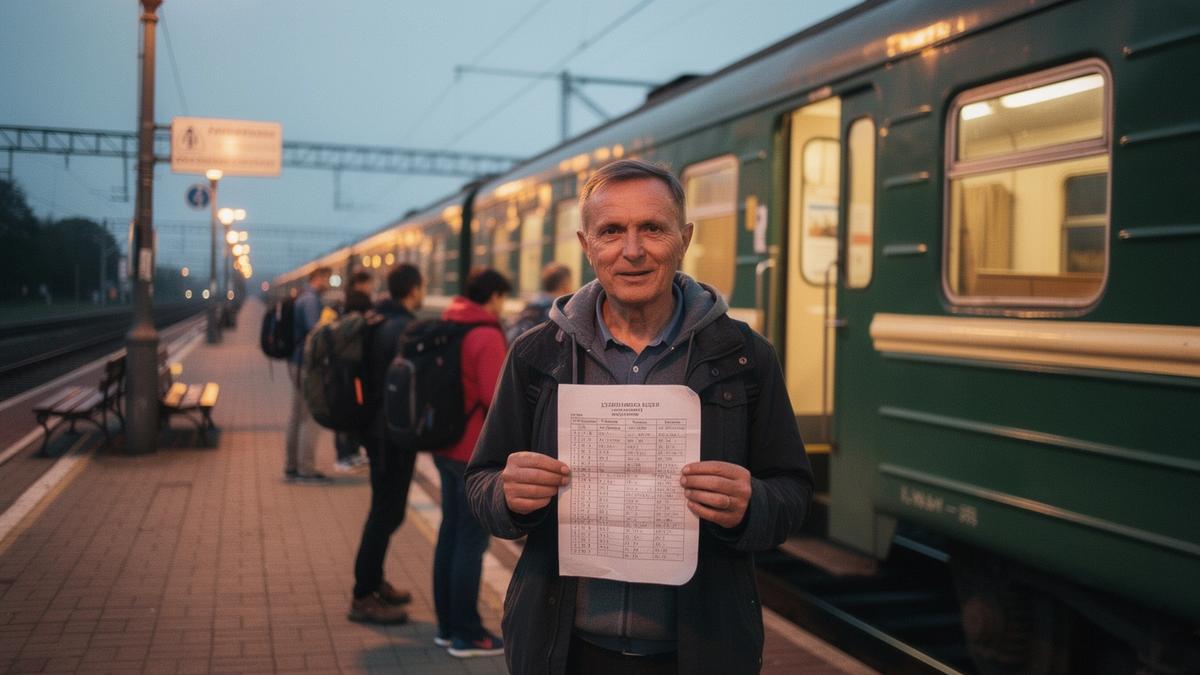 Guide checking a printed timetable on the platform before a Friday evening weekend tour departure in Lviv